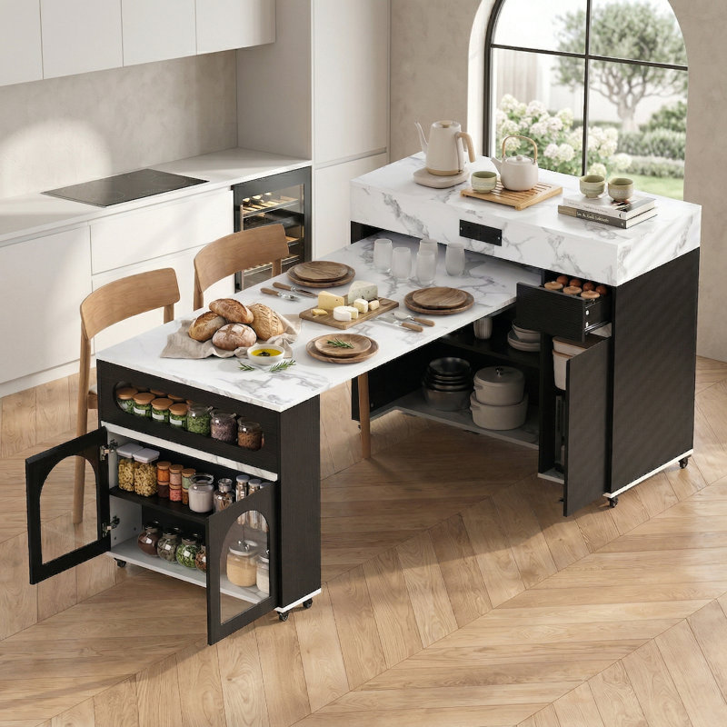 The Black And Marble White Kitchen And Dining Set Features An Extendable Dining Table With An Extra-Long Folding Island, Sockets, Drawers, Brake Locks, And Practical Storage Cabinets.