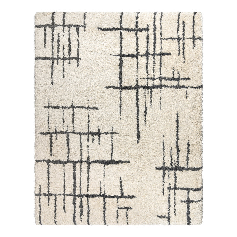  Ultimate Shag Modern Abstract Lines Ivory Black Polypropylene Thick Plush Shag Area Rug, Rectangle 6'6" x 9'6"