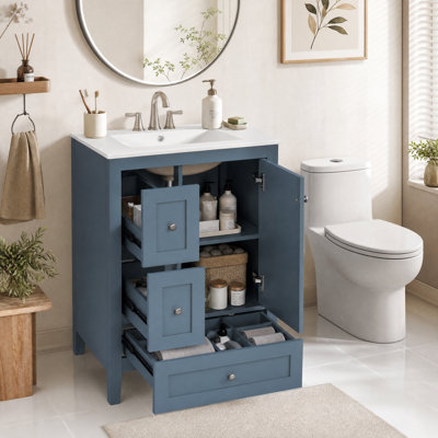 Meuble-lavabo 24 po avec lavabo en céramique, tiroirs avec séparateurs amovibles, charnières à fermeture en douceur, armoire 1 porte avec tablette réglable, gris-bleu