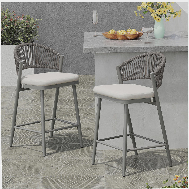 Ensemble de 2 tabourets de comptoir avec cadre en métal et rotin PE, ensemble de 2, gris mat, Gris mat