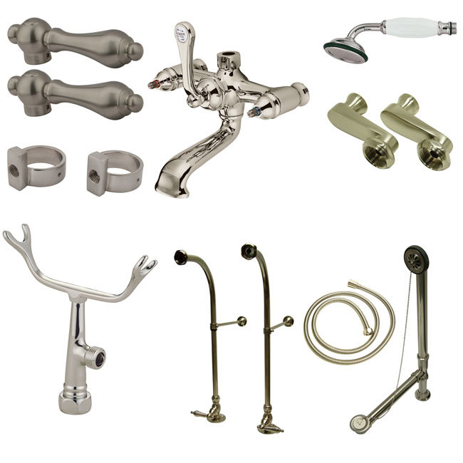 Kingston Brass Vintage Two-Handle 2-Hole Freestanding Clawfoot Tub Faucet Package with Supply Line, Hand Shower and Tub Drain