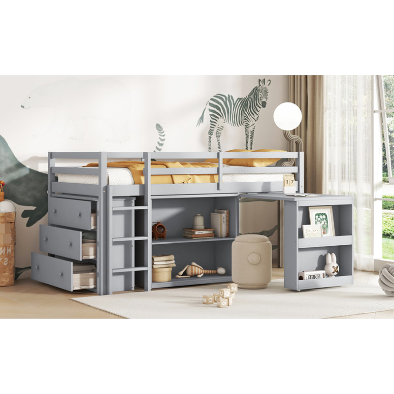 Grey Twin Loft Bed With Ample Desk And Storage Space Rubber Wood Optimized Learning Space,, Gray
