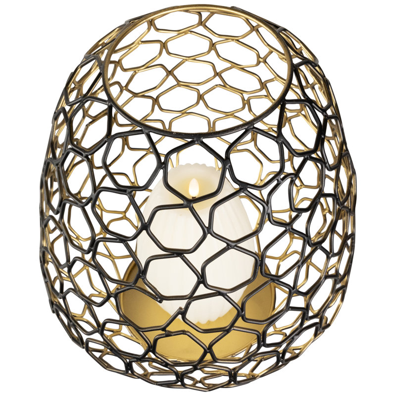 Small Geometric Cage Iron Pillar Candle Holder - - Black And Gold, 11" H x 10" W x 10" D