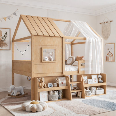 Lit mezzanine double avec tablettes de rangement et escaliers