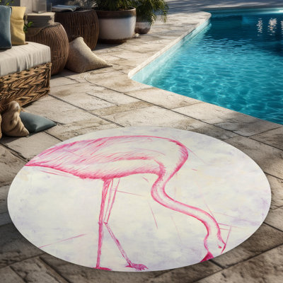 Pink Flamingo Sketch Area Rug | Round Outdoor Living Room Decor