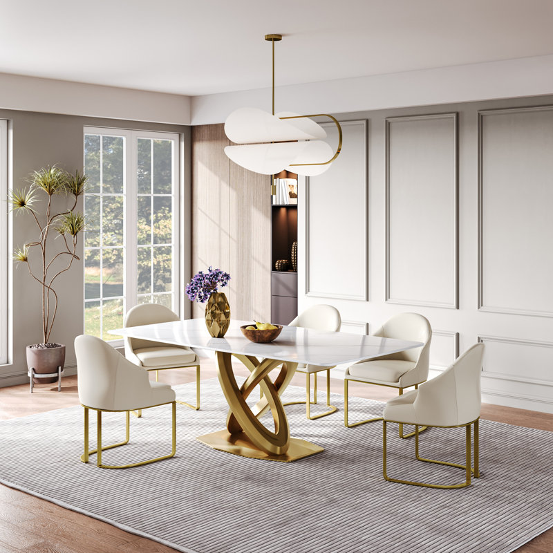 Modern Rectangular Sintered Stone Dining Table with Pedestal Base, 29.53"H x 70.87"L x 35.43"W, White Marble