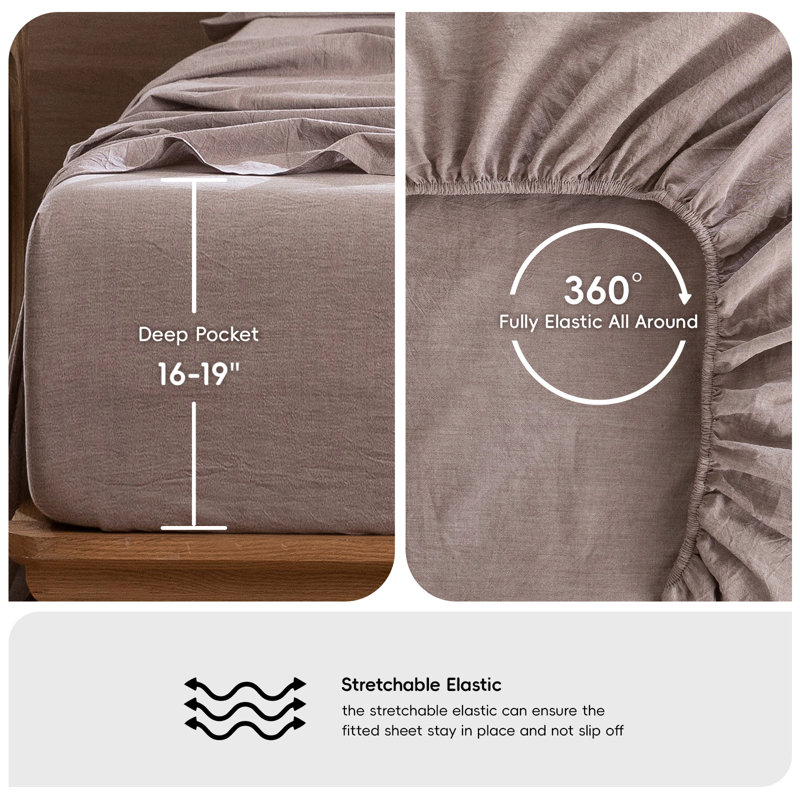 MooMee Sheet Set Extra Deep Pocket 100% Washed Cotton Linen Like Textured Lightweight Breathable, Mauve Brown