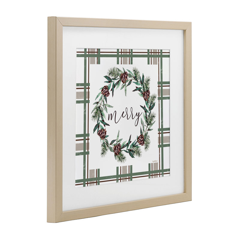 «Merry Wreath» sur toile écossaise verte, impression par Elizabeth Tyndall, H 13 po x l 13 po, Cadre de récolte en pin