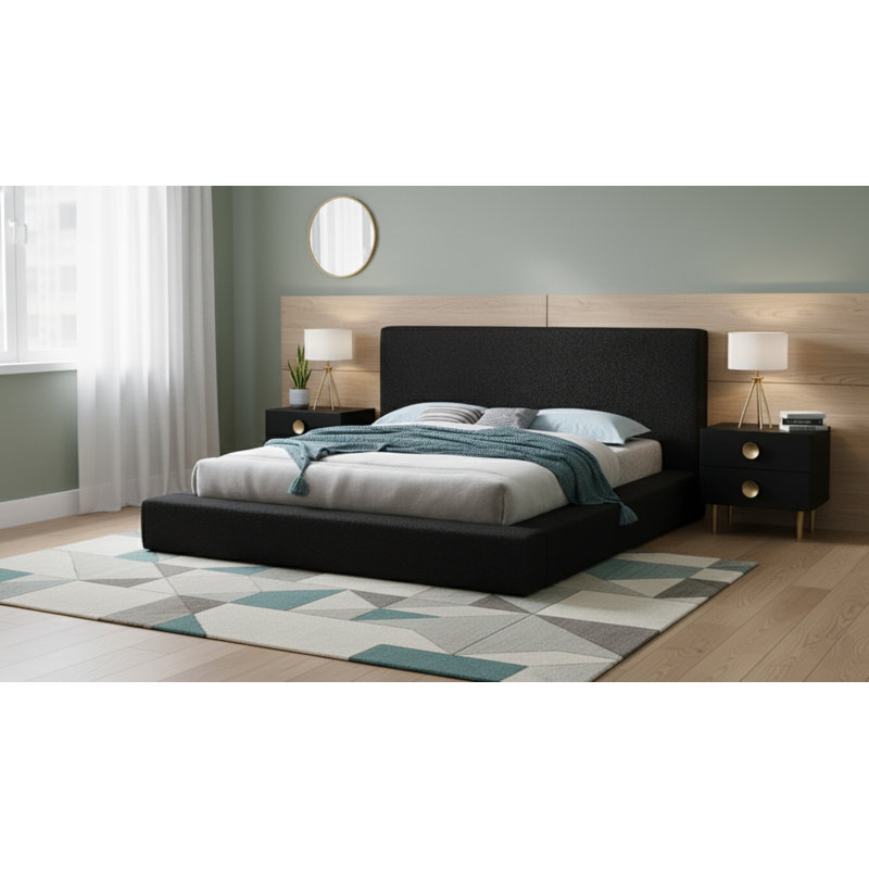 Issaias Upholstered Panel Storage Bed, King, Black Boucle Fabric