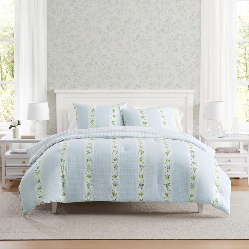 Ensemble d'édredon réversible en coton Martha Stewart Annabelle, Édredon pour lit simple TG + 1 taie décorative, Bleu