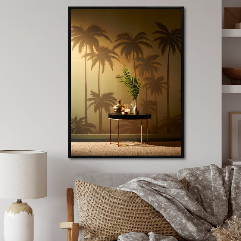 «Golden Grove Palm Tree Shadows» sur toile, H 44 po x l 34 po x P 1,5 po, Cadre flottant noir