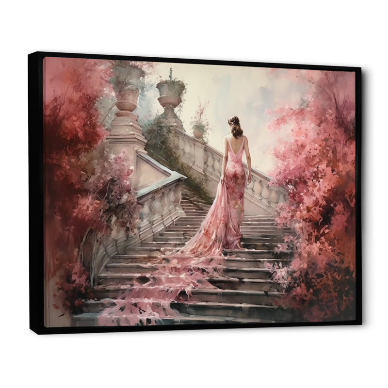 Élégante femme marchant dans les escaliers V - Art mural encadré romantique, H 12 po x l 20 po x P 1 po, Cadre flottant noir