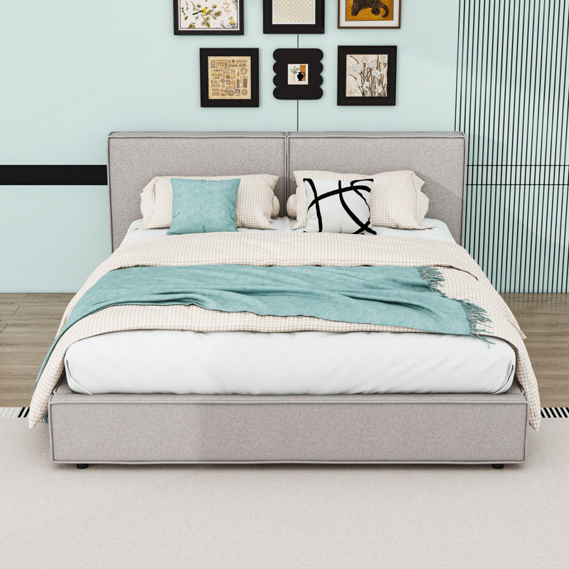 Grand lit plateforme tapissier en lin avec tête de lit, Beige