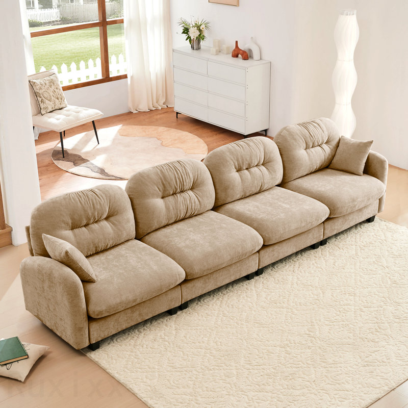 Canapé pour 4 personnes idéal pour recevoir des invités Canapé modulaire à quatre places modulaire, tissu en chenille de qualité supérieure, avec 2 coussins décoratifs, dossier capitonné, mousse à haute densité facile à installer, convient aux chambres à coucher, aux salons, aux coins lecture, au chameau
