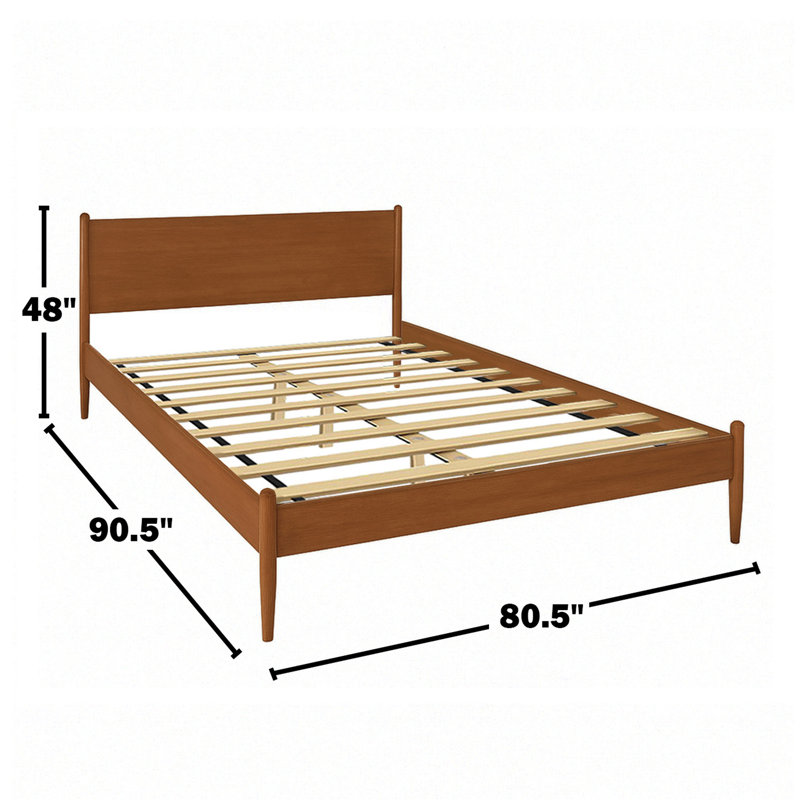 Très grand lit de style Mid-Century avec finition en chêne, ensemble de lattes, sans sommier et composition en bois d'ingénierie pour lit de chambre à coucher, pieds fuselés ronds, construction solide, base à lattes