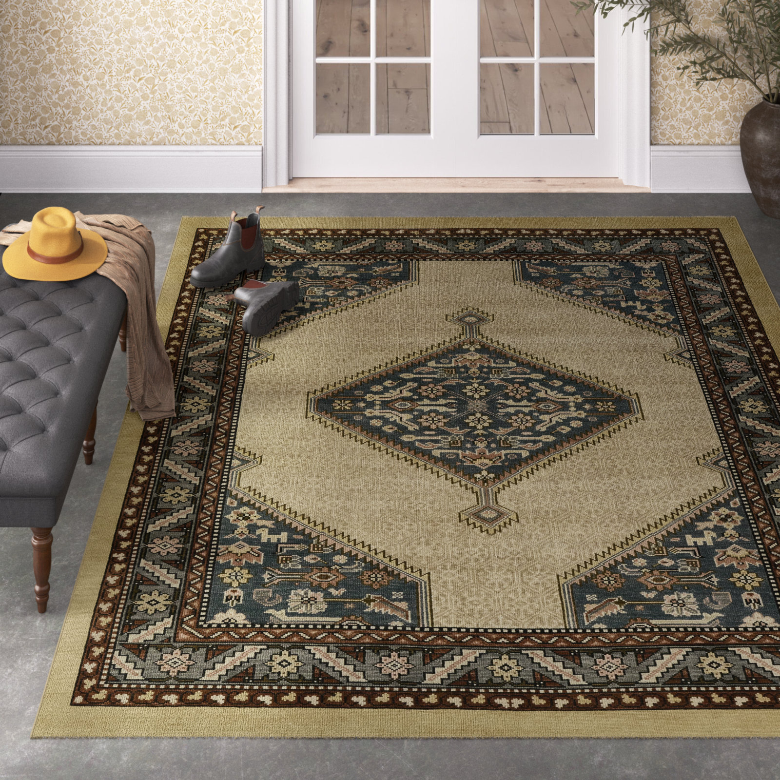 Handmade Blue/Beige Rug, Rectangle 5' x 8'