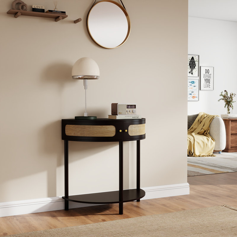  Console demi-lune en rotin avec armoire de rangement et tablette