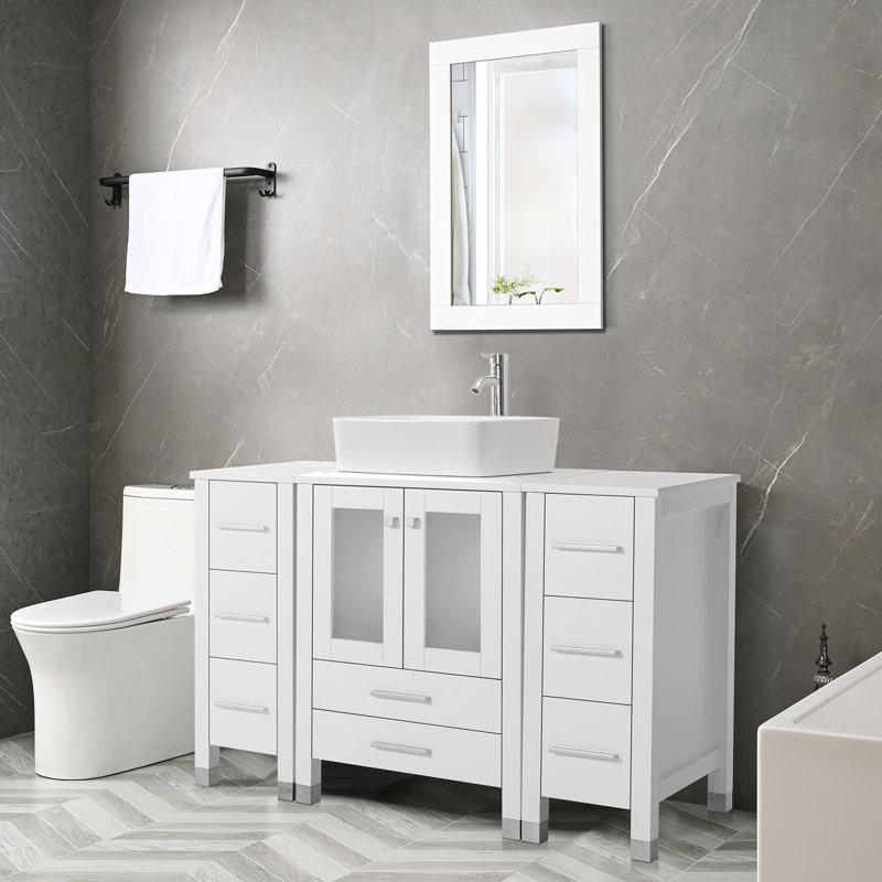 48 Single Bathroom Vanity with Wood Top, Vessel Sink, Zinc Alloy Faucet, Solid Wood Legs, White