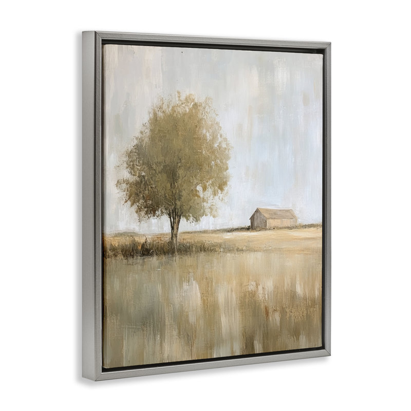 Cadre flottant lointain grange et arbre solitaire, design par Petal Prints Design, Cadre flottant gris lustré