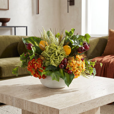Fall Centerpiece with Hydrangeas, Lemons and Pomegranates
