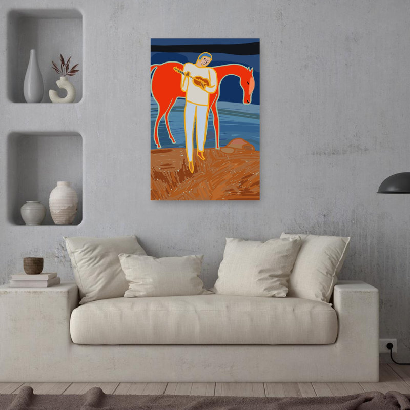 Musical, homme, cheval rouge, abstrait, cheval contemporain contemporain, paysage, impression d'art mural, H 36 po x l 24 po