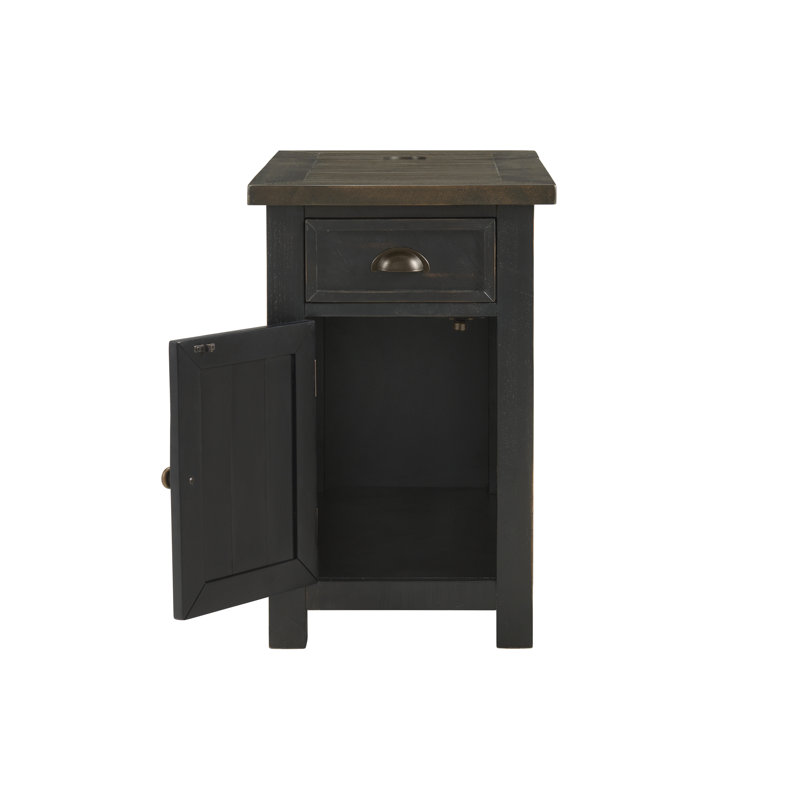 Balsam 25'' Tall Solid Wood End Table with Storage and Built-In Outlets, Brown/Black