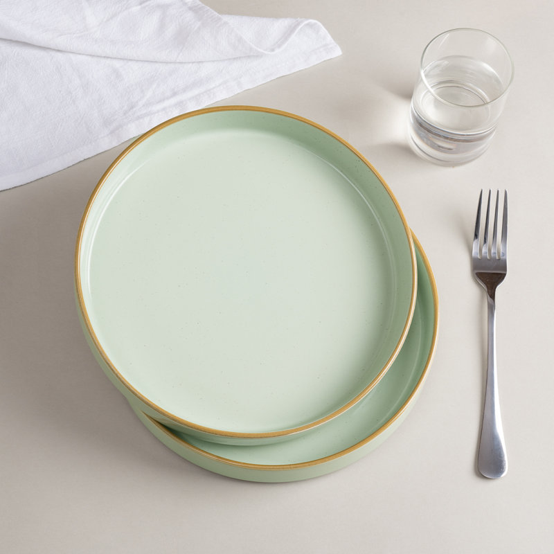  Nebula 4-Piece Stoneware Pasta Bowl Set, Light Green with Brown Rim