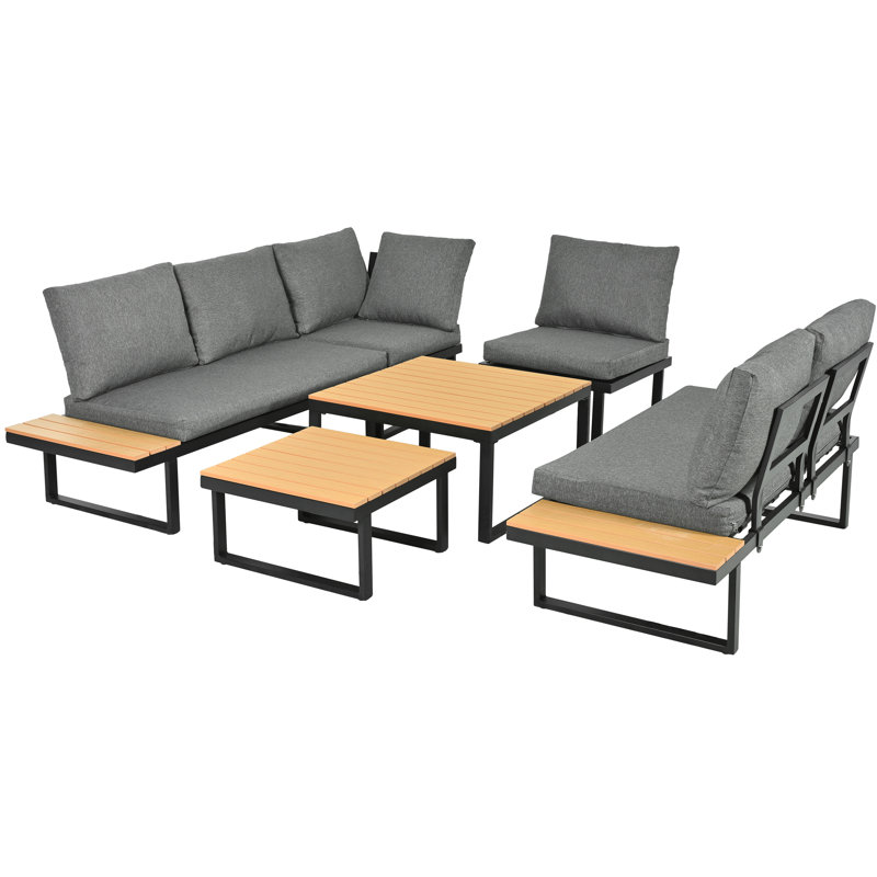 Outdoor Conversation Set 5 Places With 2 Sofas,1 Chair, 1 Corner Chair And Set Of 2 Coffee Table Grey