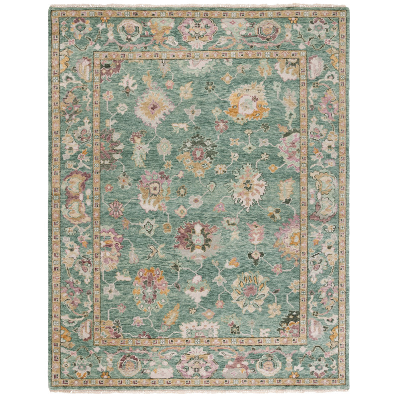 Samarkand 401 laine nouée à la main; Tapis oriental en coton vert / rose, Rectangle 10 pi x 14 pi