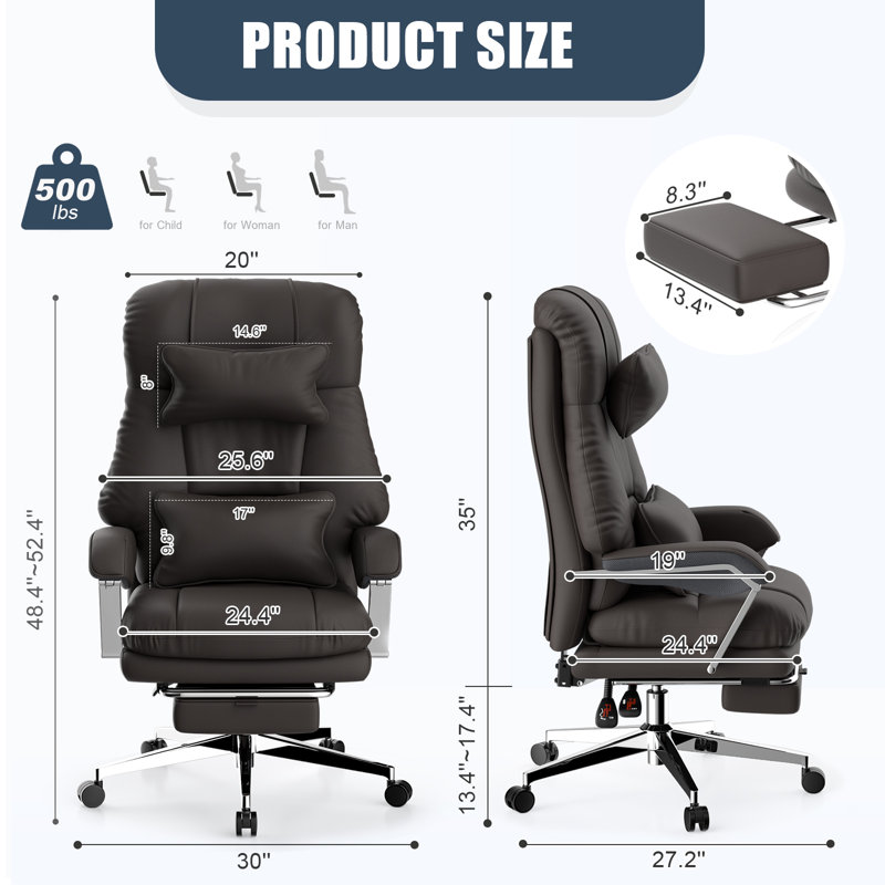 Big And Tall Office Chair, 500lbs Pu Executive Office Chair, High Back Ergonomic Office Chair With Footrest, Computer Desk Chair With Adjustable Headrest