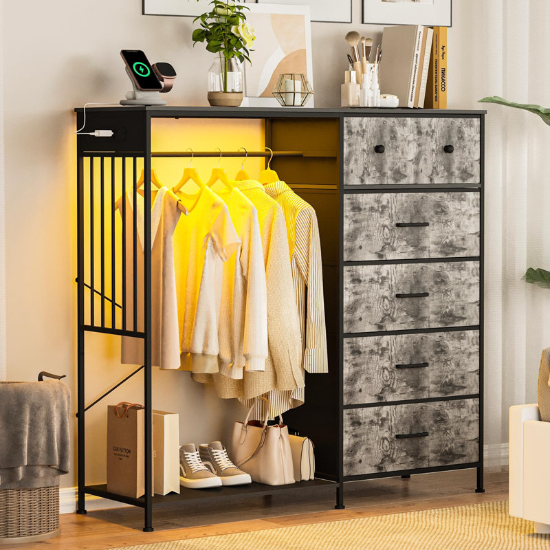 49.2" Dresser with Hanging Rack, 6 Fabric Drawers, LED Lights & Charging Station, Gray