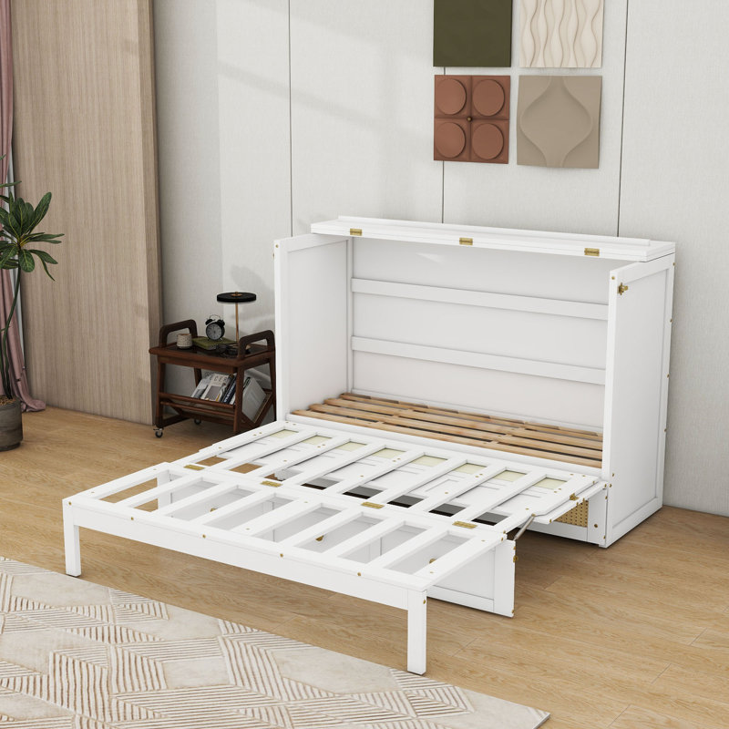 Grand lit escamotable en bois avec tiroirs, White