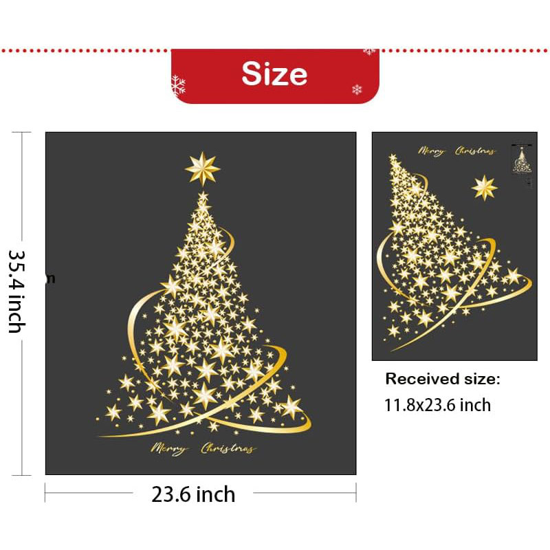 Christmas Tree Window Clings Stickers for Glass, Extra Large Golden Xmas Windows Static Stickers
