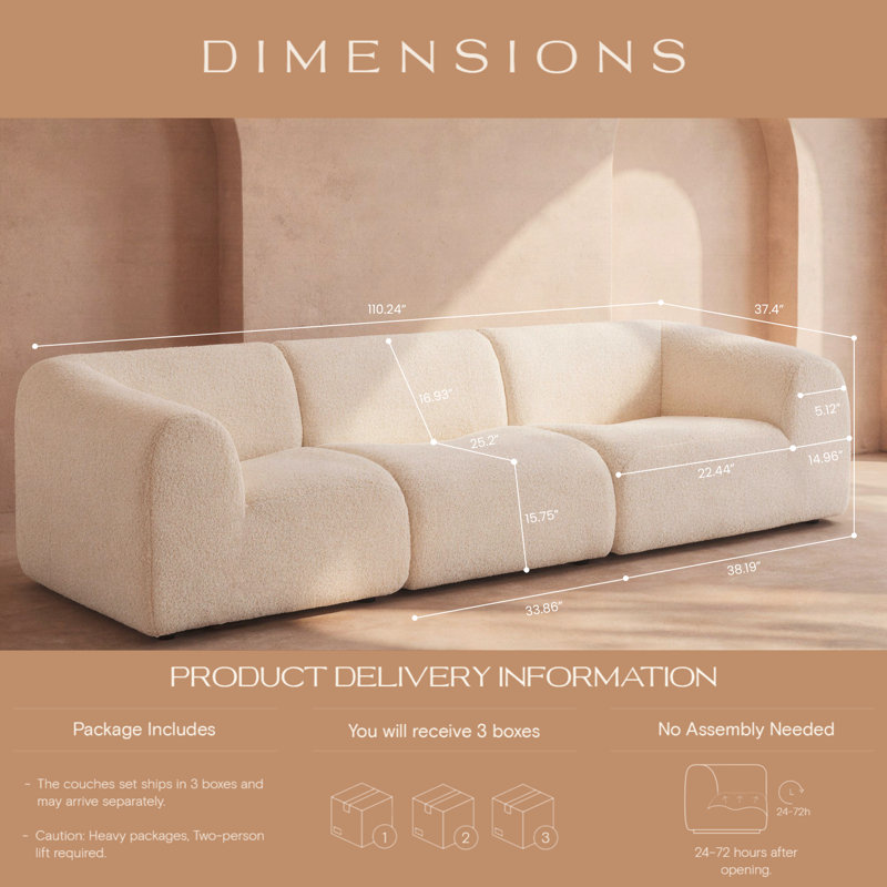 110.24" Curved 3-Seat Boneless Sectional Sofa, Modern Deep Seat Sherpa Boucle Couch, Compression, No Assembly, Teddy - White