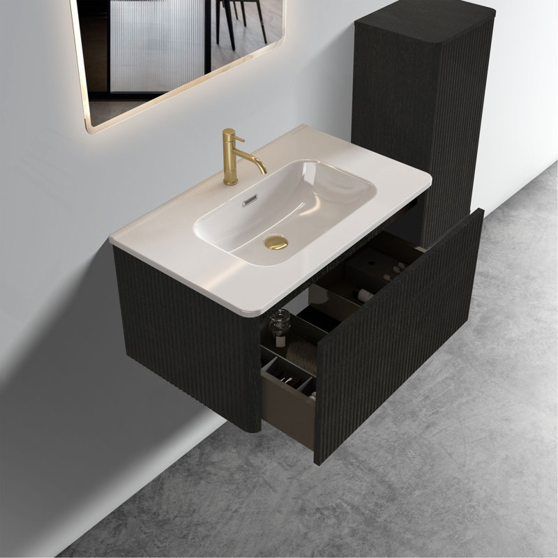 Meuble-lavabo flottant rayé en chêne noir brossé de 30 po avec lavabo en céramique blanche, meuble-lavabo pour salle de bain moderne, lavabo une pièce sans drain, pré-assemblé
