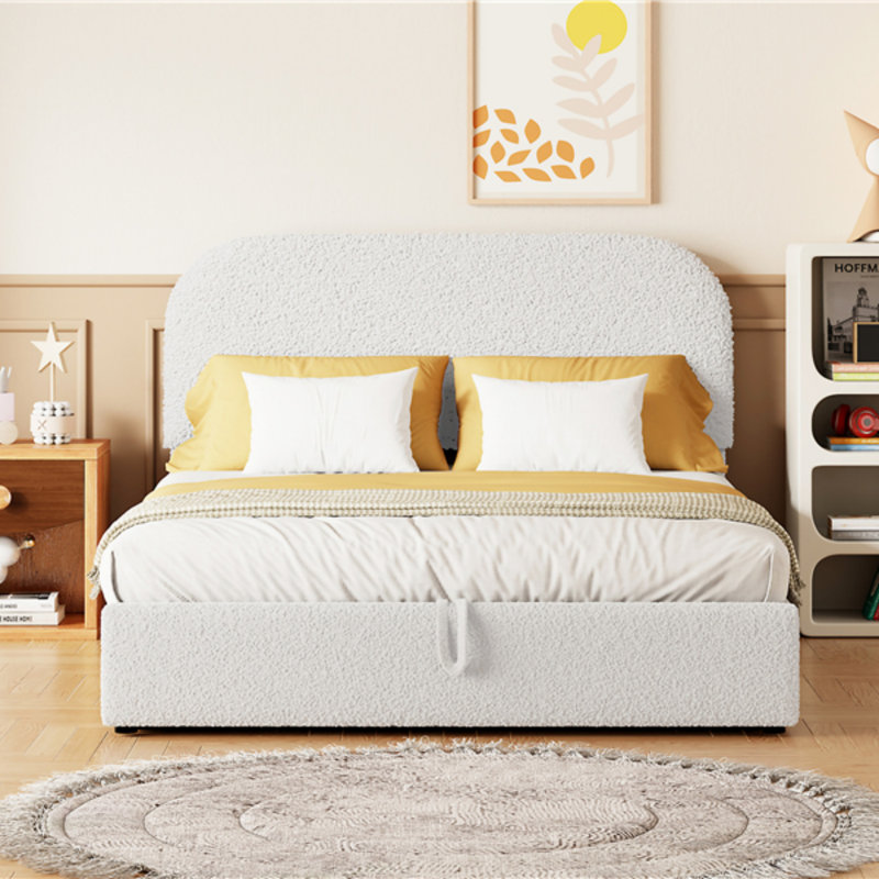 Lit plateforme tapissier Teddy, Lit double, Blanc