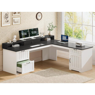63" L Shaped Desk With Drawers, Farmhouse Corner Computer Desk