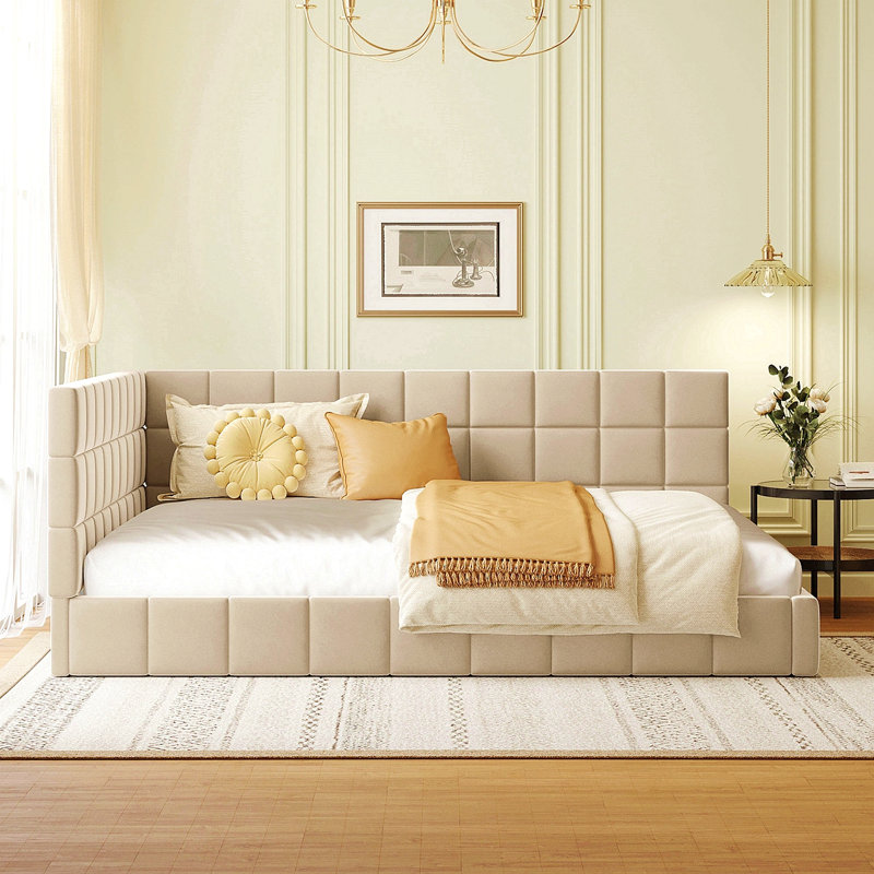 Full Size Upholstered Daybed/Sofa Bed Frame-Beige, Velvet, Beige