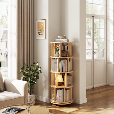 360° Rotating Solid Wood Bookshelf, Equipped with Brake Wheels, Allowing for Flexible Adjustment