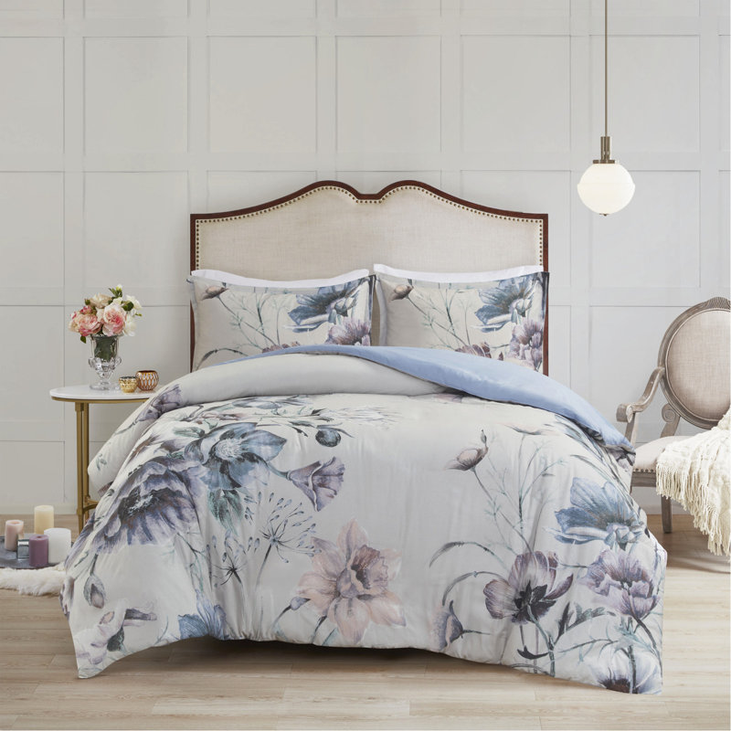 Ensemble de housse de couette en coton pour lit double / grand 3 pièces, Motif floral bleu