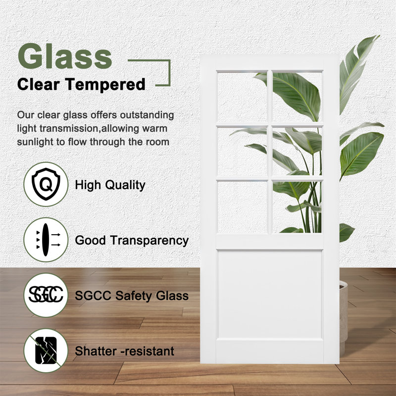 White Primed Solid Core 6-Panel Clear Glass Slab Door Suitable For Bathroom/Pantry, 32" x 80"