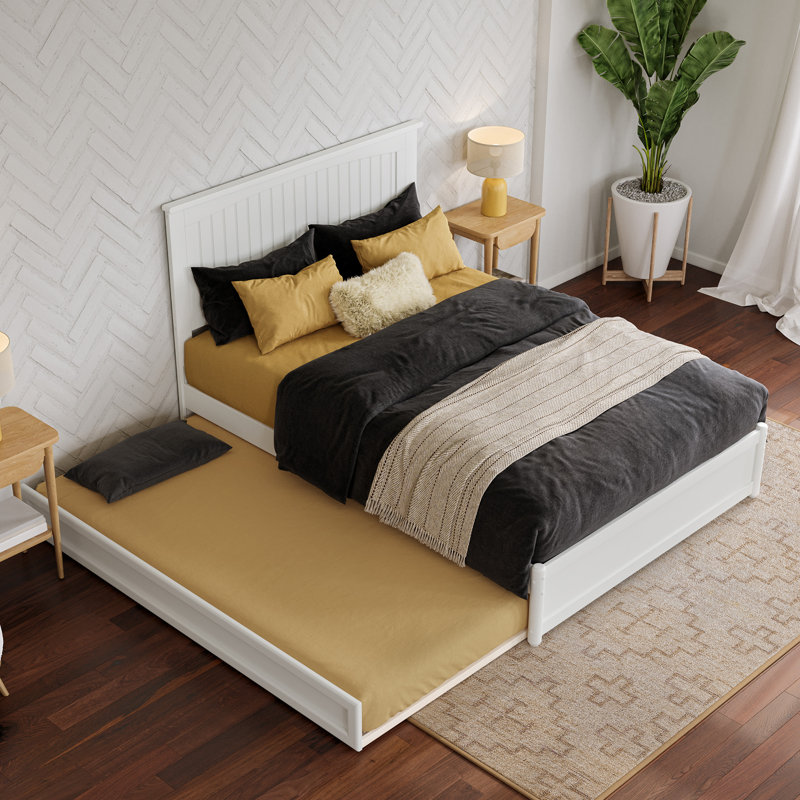 Darlean Solid Wood Trundle Platform Bed with Footboard & Roll Out Trundle, White, Full