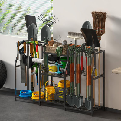Organisateur de jardin, porte-outils de jardin robuste, support à outils de jardin avec crochets, 3 niveaux (noir)