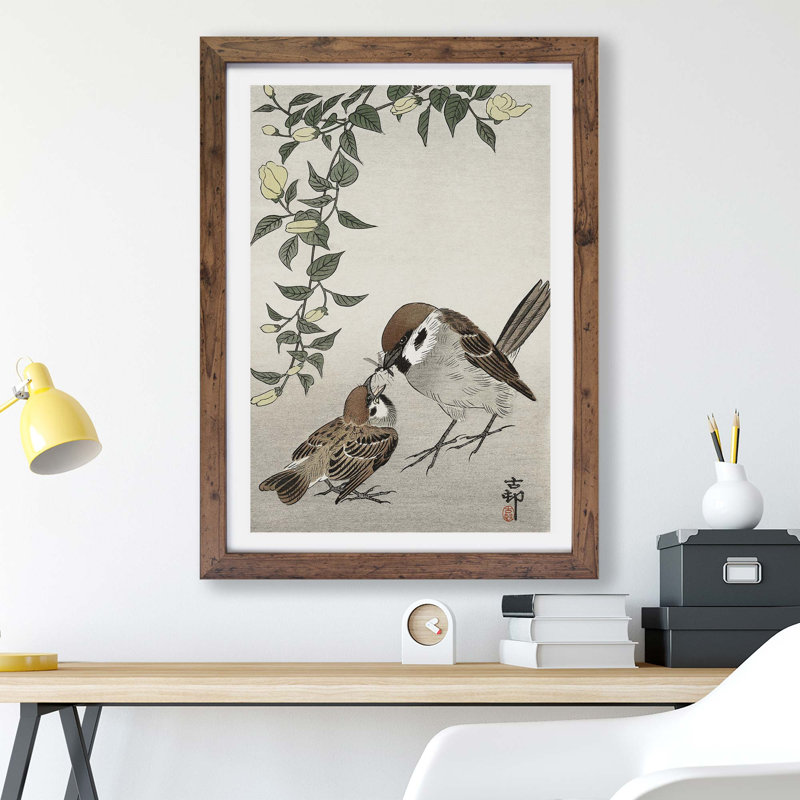 Sparrow Birds and Plants by Ohara Koson - Framed Print, 45cm H x 63cm W x 2cm D, Walnut