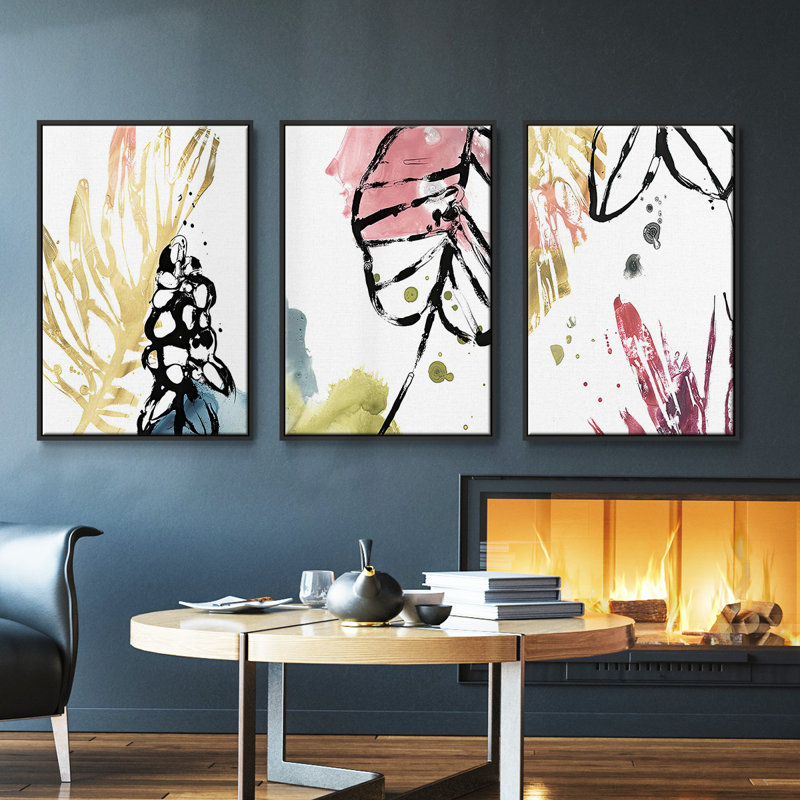 No Deckle Tropical Moderne II, ensemble de 3 toiles encadrées sur toile, Noir, H 40 po x l 78 po