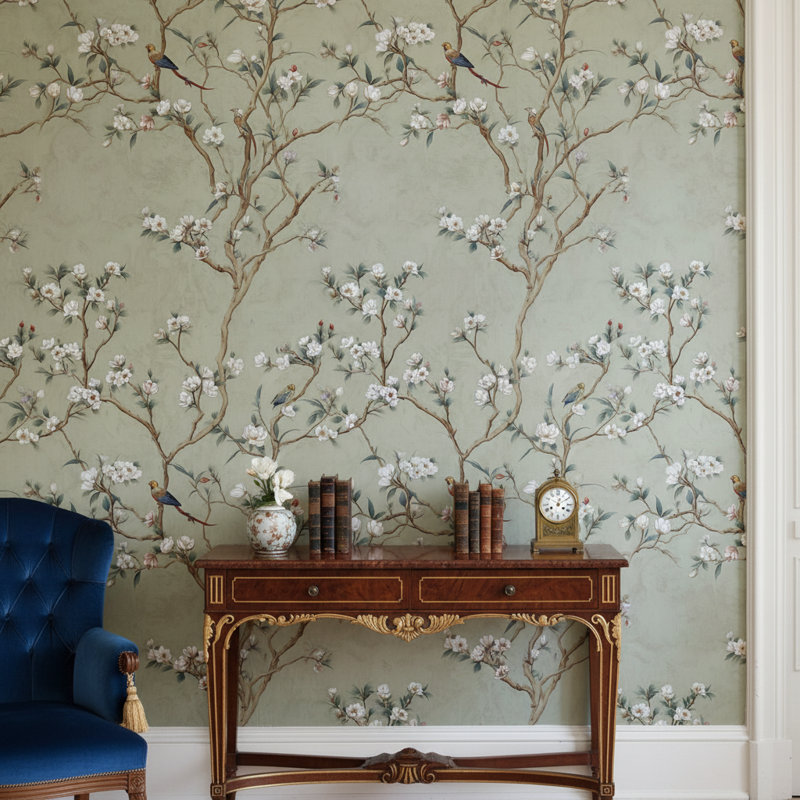 Papier peint floral oiseaux roulés amovibles mur double rétro