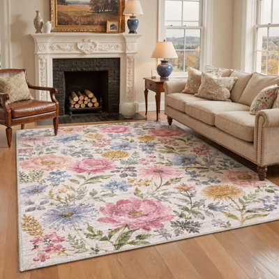 Tapis floral ivoire / rose lavable à la machine avec envers antidérapant