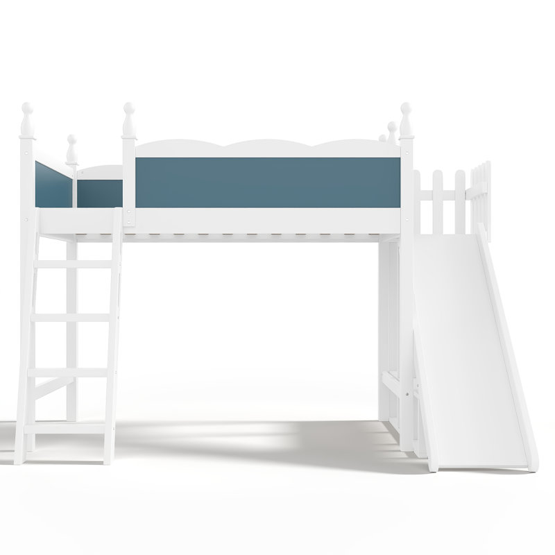 Wooden Loft Bed with Shelves, Wardrobe & Detachable Slide, Twin, White/Blue