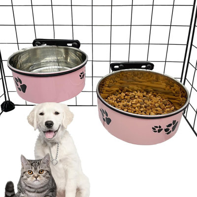 2-Pack Small Pet Hanging Kennel Bowls – Removable No-Spill Feeding Cups With Holder For Medium & Large Cats And Puppies – Pink