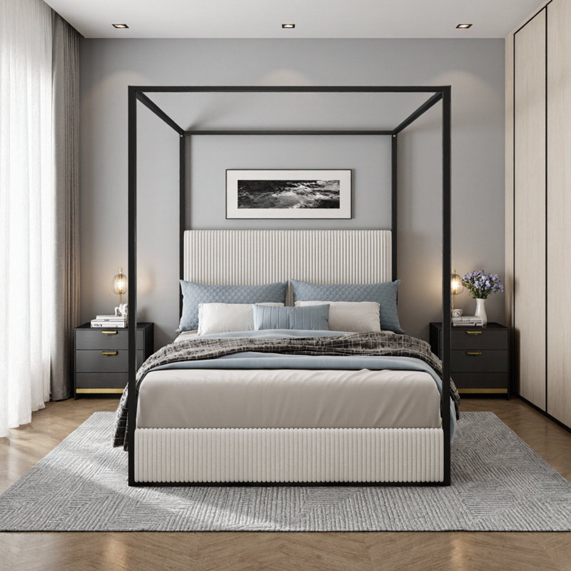 Structure de lit à baldaquin en très grand lit avec tête de lit tapissier en velours côtelé, sans sommier tapissier, finition blanche luxueuse